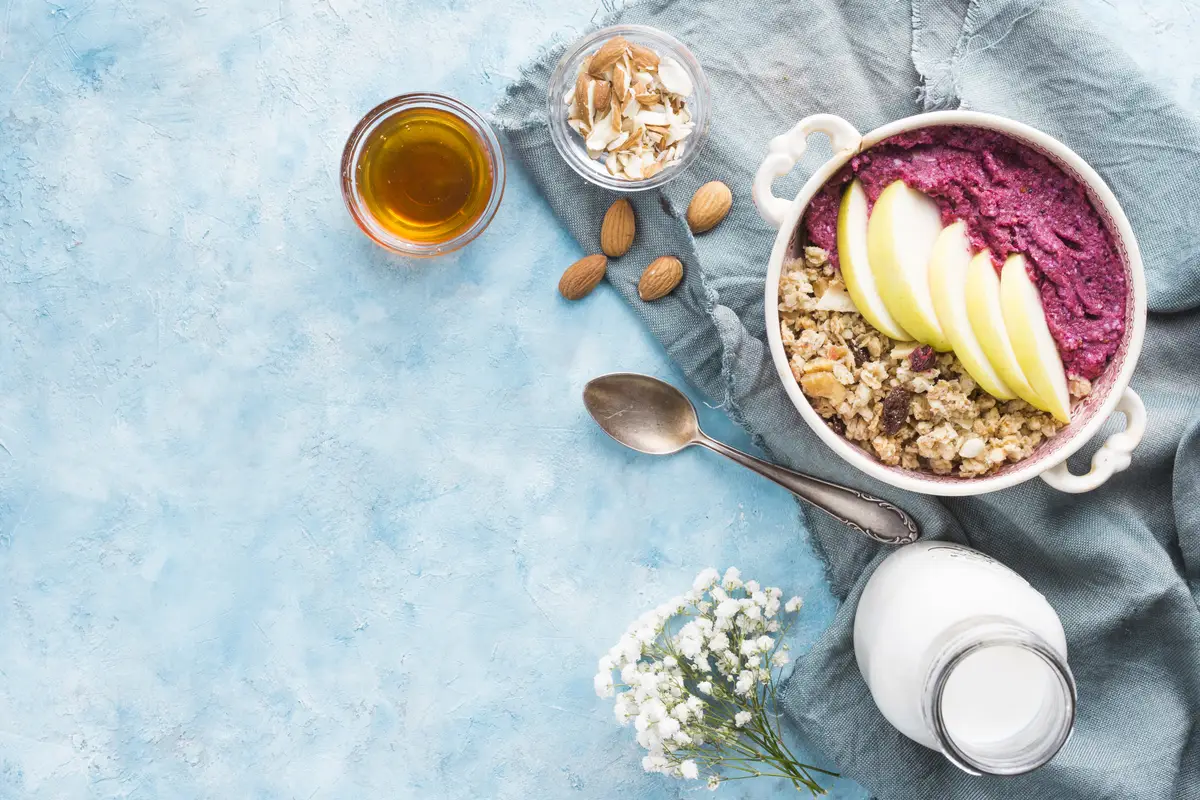 Breakfast with cereals and fruits