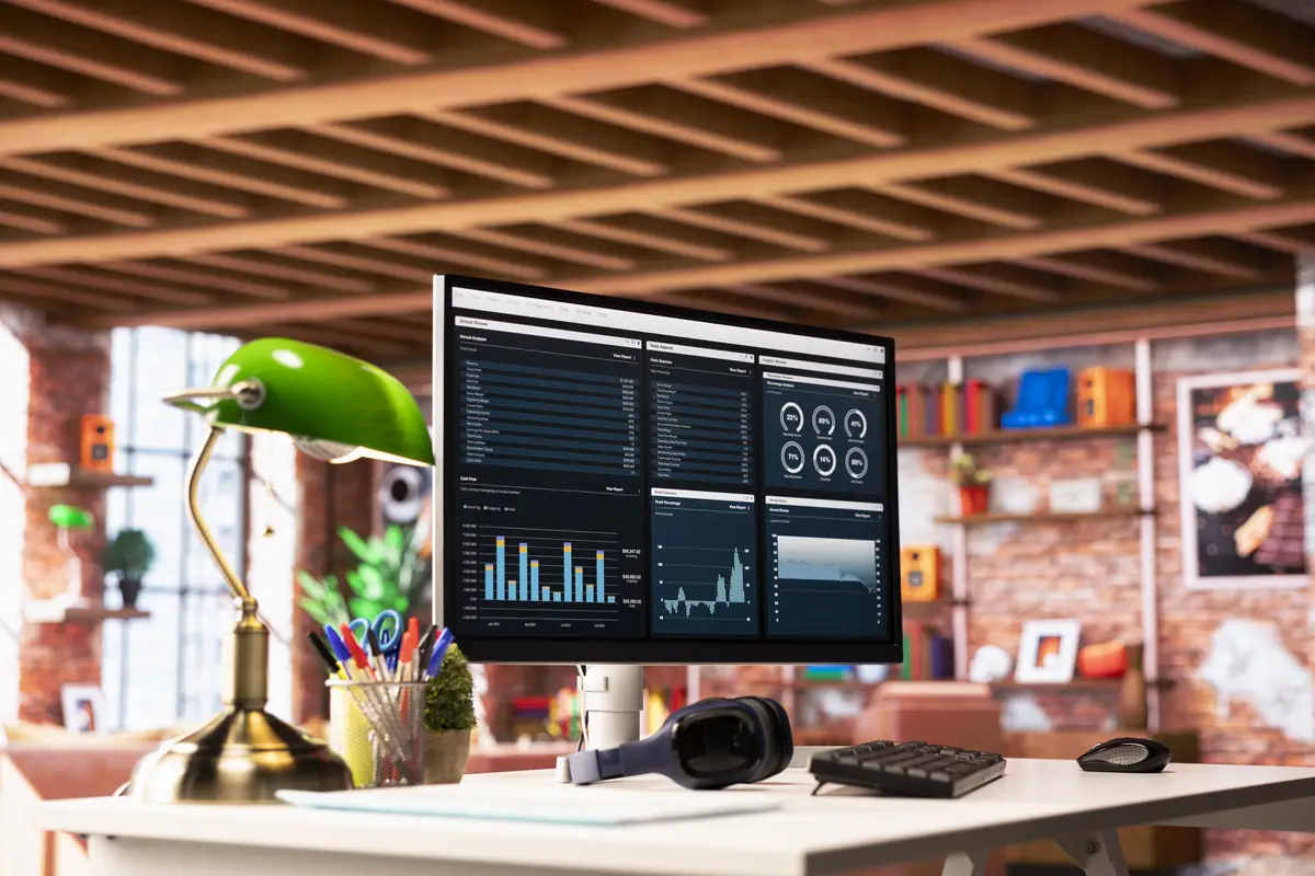 Financial application UI on PC screen showing company revenue
