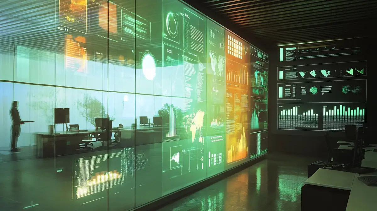 A modern office space with translucent screens displaying data visualizations and a person standing near a glass wall
