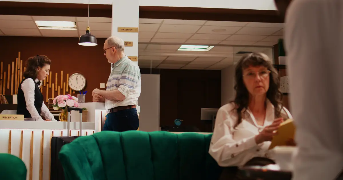 Elderly adult registering in hotel lobby
