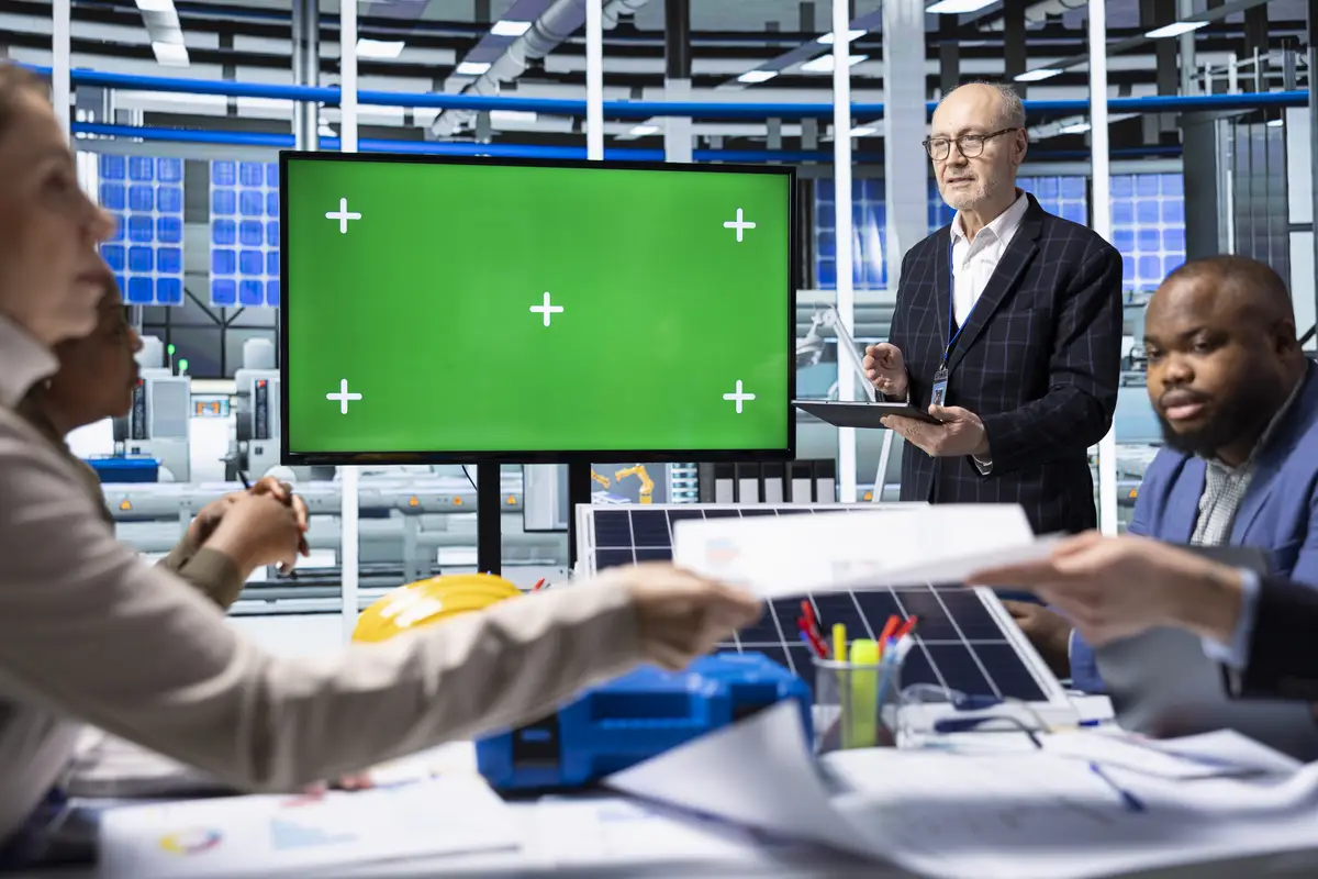 Industrial plant managers showcase product innovations using mockup monitor