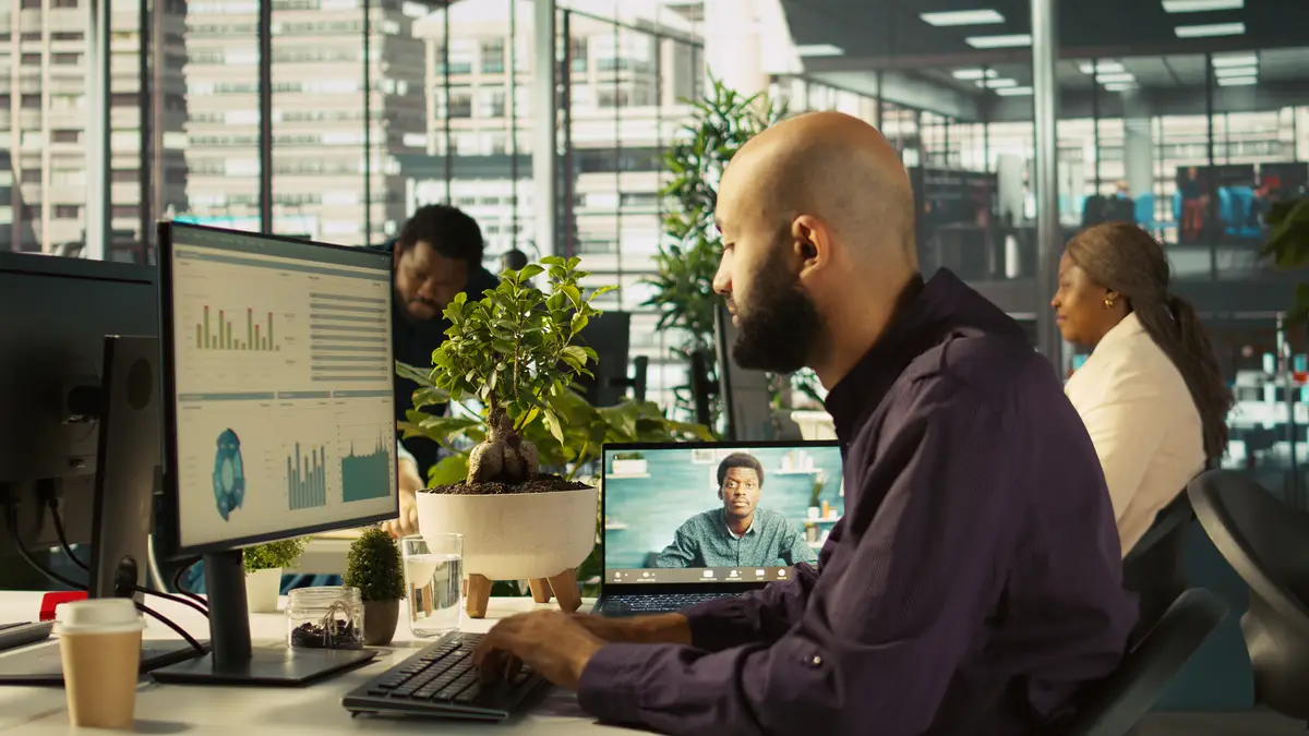 Business manager on videocall with worker attending briefing meeting