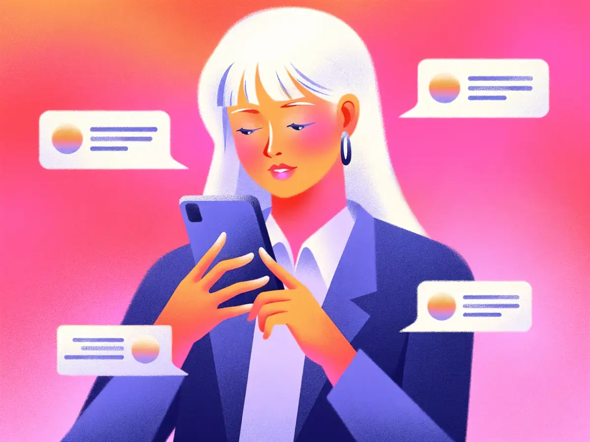 Woman using a smartphone to text with chat bubbles