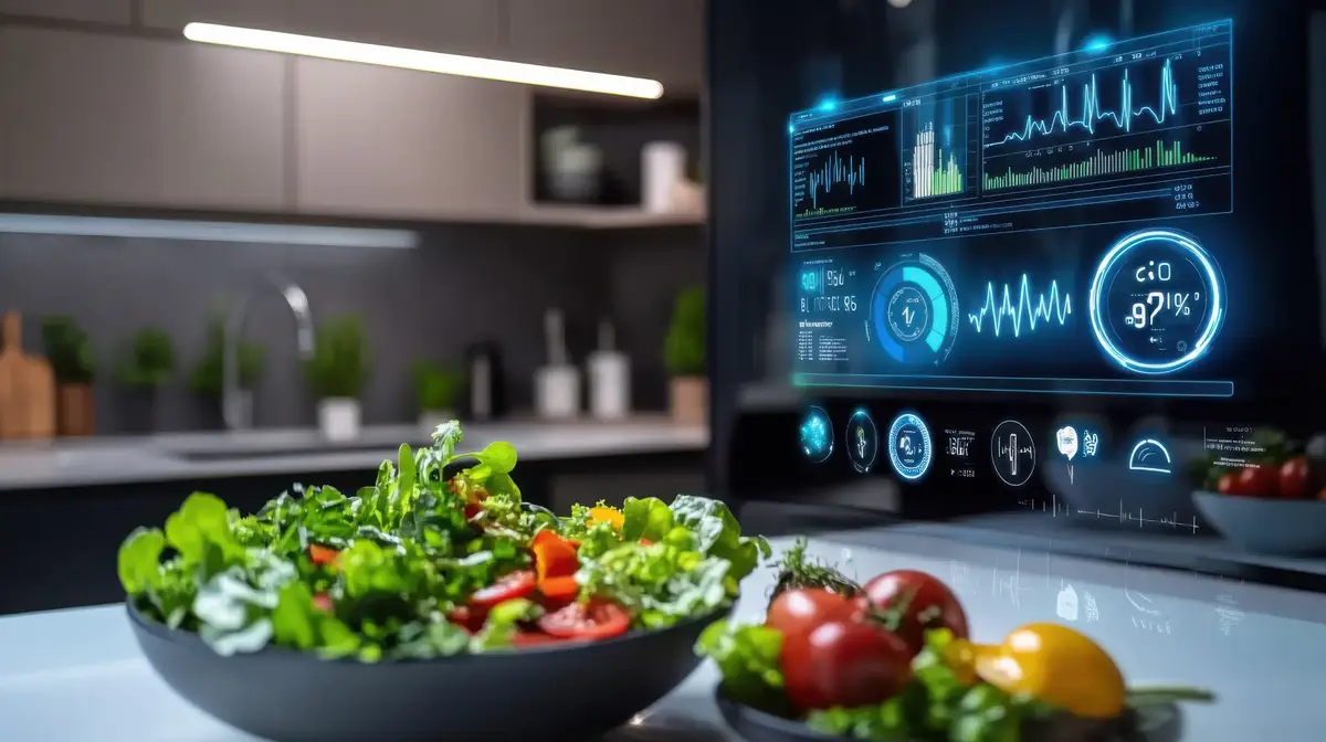 A hightech kitchen with a smart refrigerator displaying health stats
