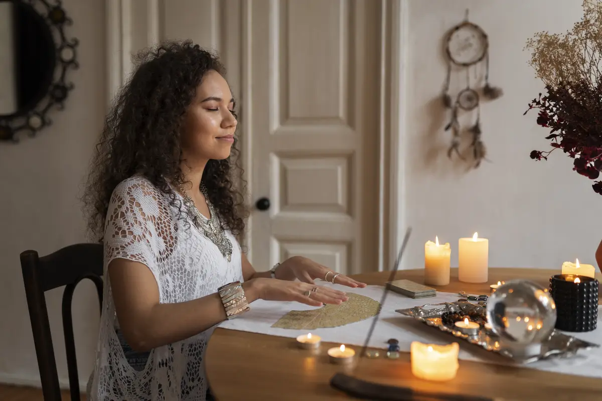 Medium shot woman reading tarot at home