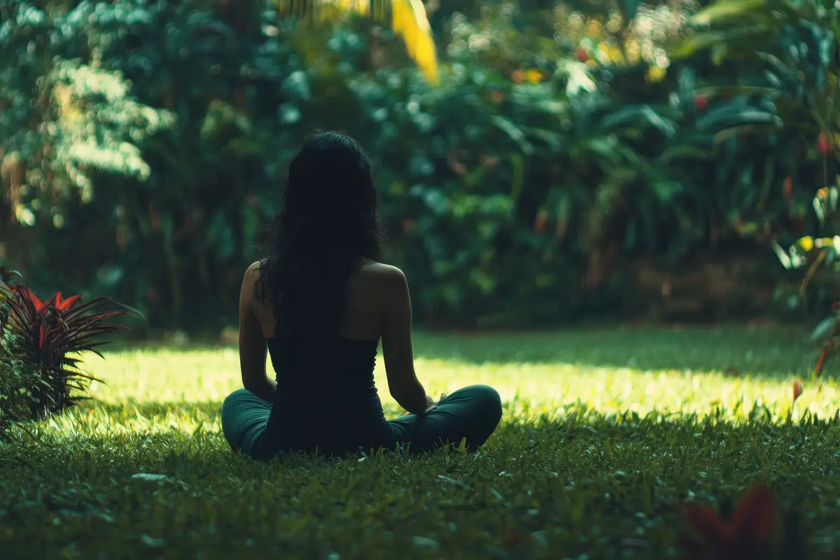 A peaceful outdoor meditation scene where a woman sits