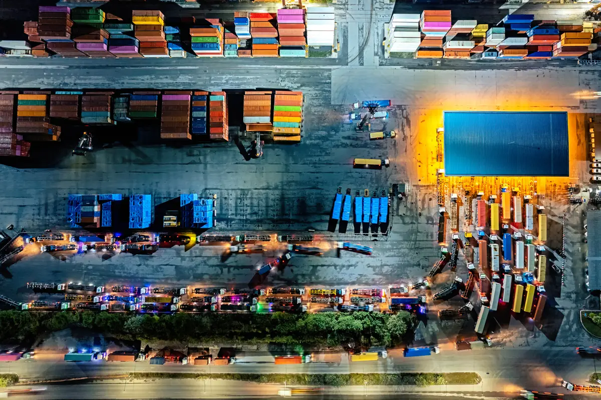 High angle view or aerial view of cargo crane container terminal at port
