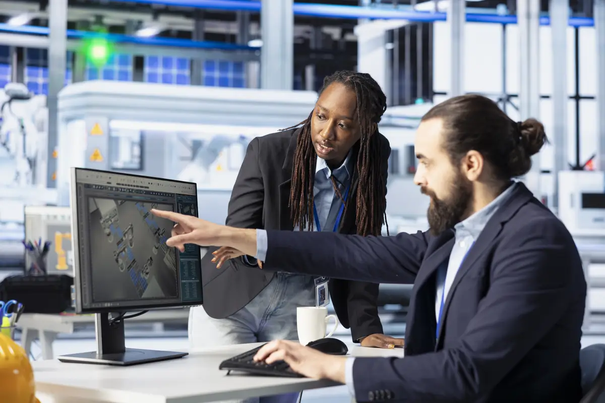 Photovoltaics factory manager and intern doing solar panel performance testing