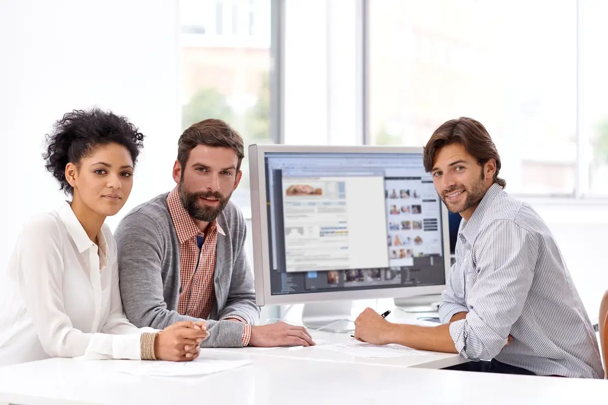 Business people portrait and collaboration with staff at desk for planning and working of seo specialist Teamwork discussion and management of team with professional conversation for web project