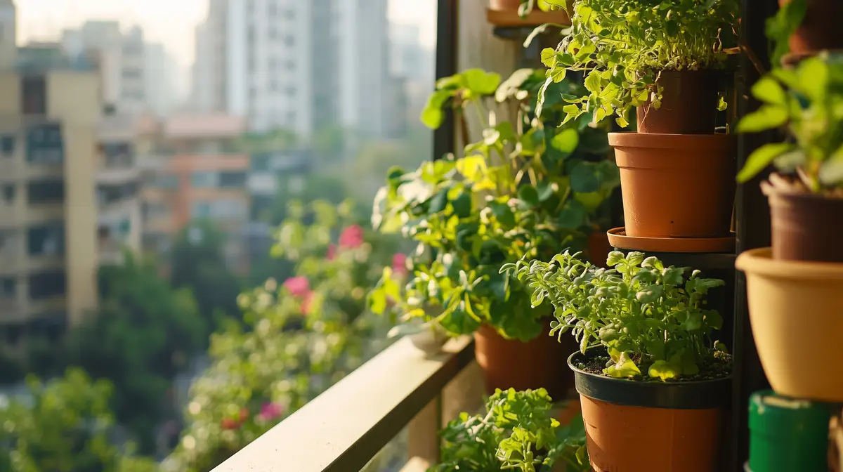 Balcony garden in a city with vibrant green plants and pots during a sunny afternoon