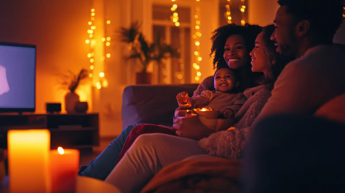 A multicultural family enjoys a Halloween movie marathon in their cozy living room with snacks blankets and flickering candles creating a warm and spooky atmosphere