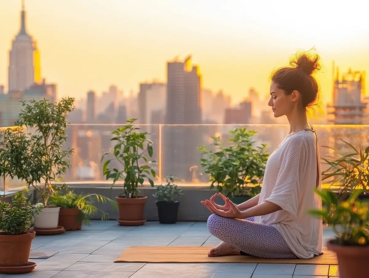 A woman meditating on a rooftop with city skyline at sunset