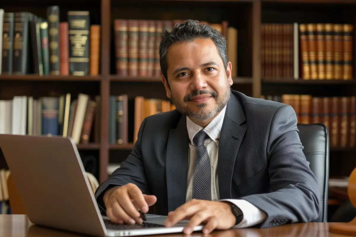 Hispanic Male Lawyer Sitting in Law Office with Laptop Looking at Camera