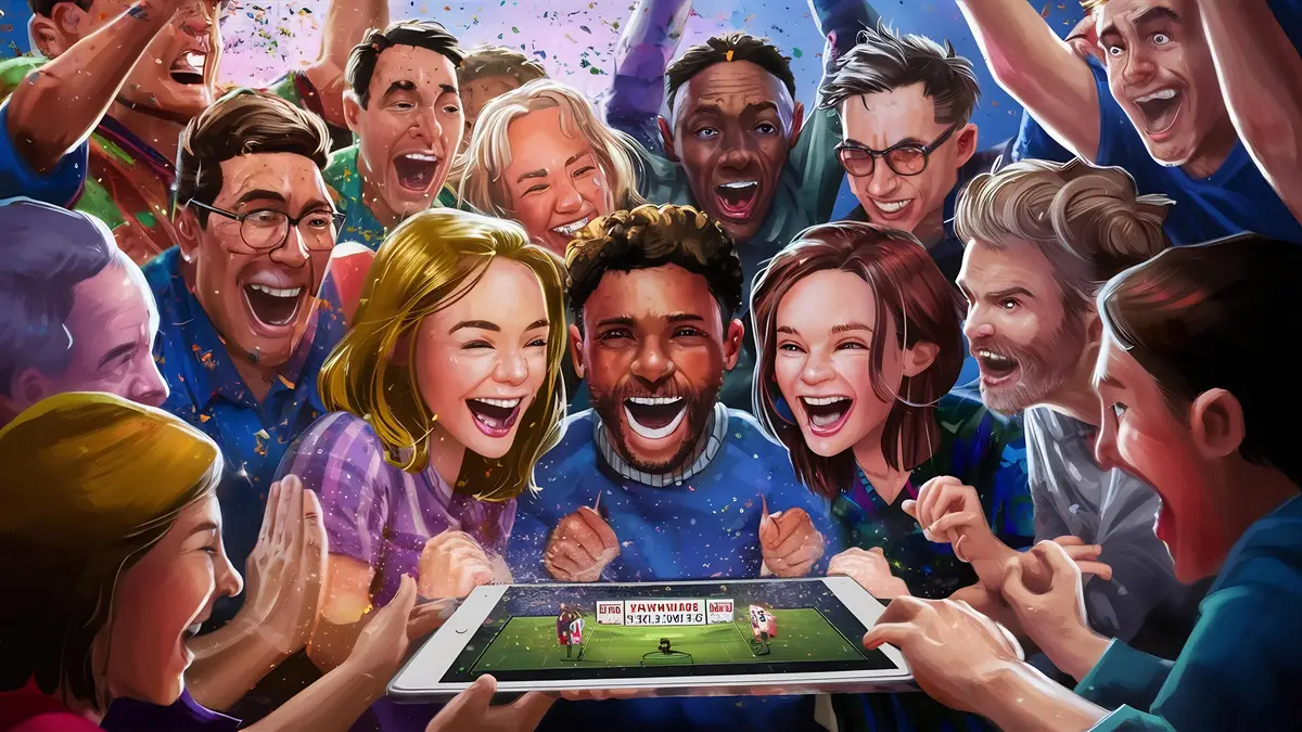 Excited people happy with triumph watching tablet