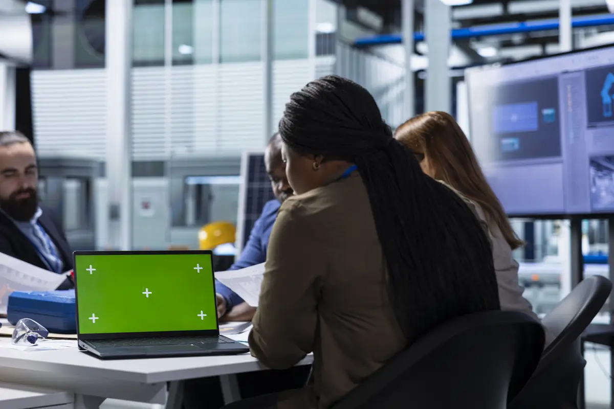 Factory expert researches new photovoltaics materials on mockup tablet