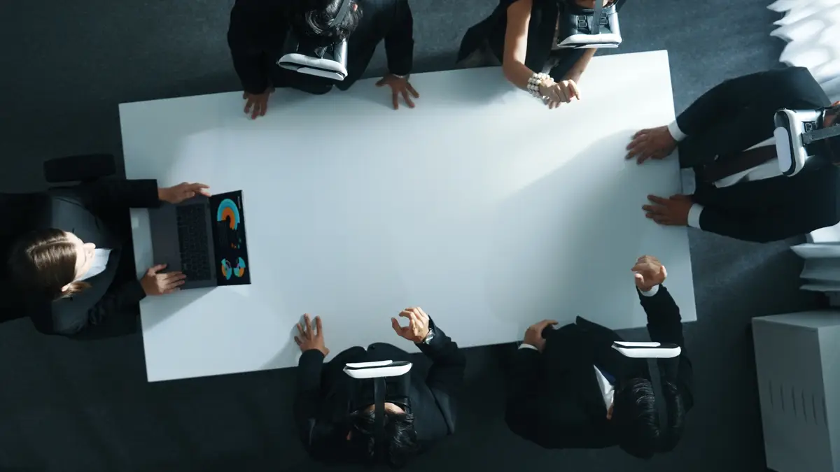 Top view of business team wear vr and receive data from laptop Directorate