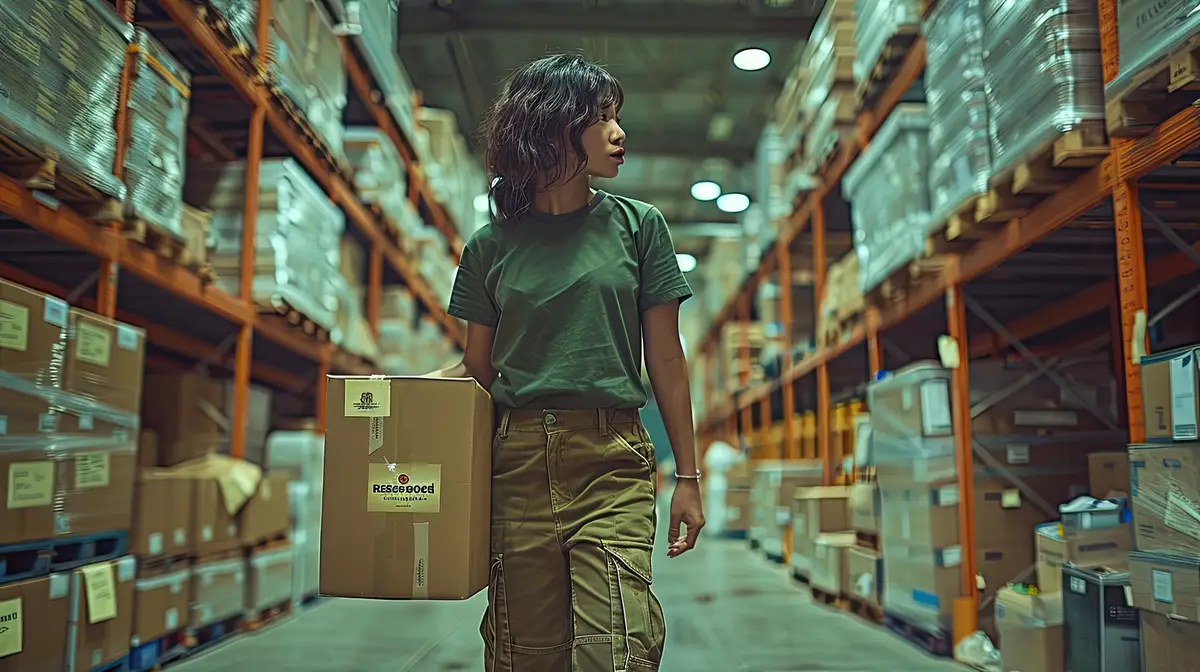 a woman carrying a box in a large warehouse