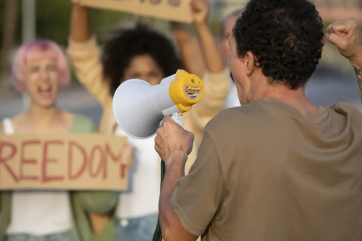 People protesting together close up