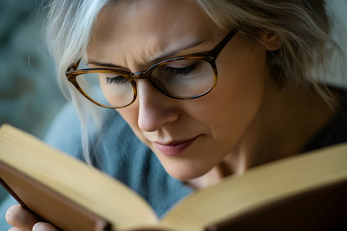 Closeup of a woman wearing glasses intently reading a book highlighting vision issues such as pre