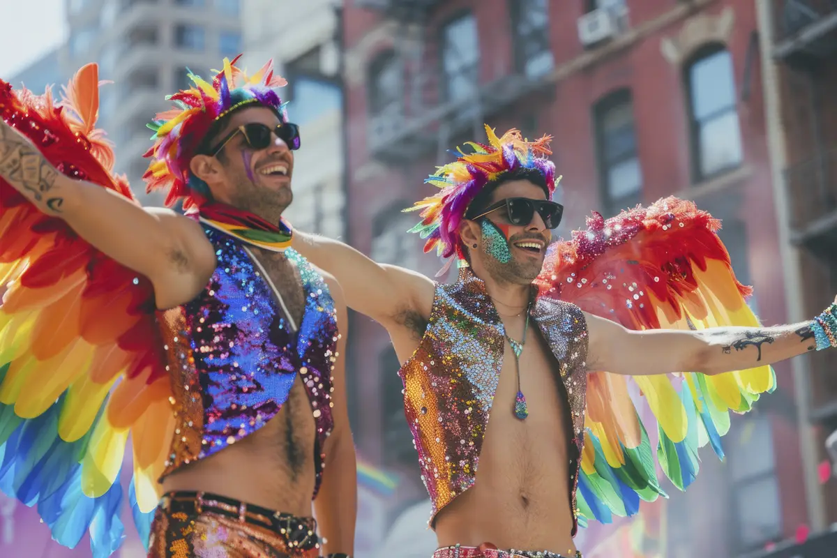 Photorealistic colorful rainbow colors with men celebrating pride together