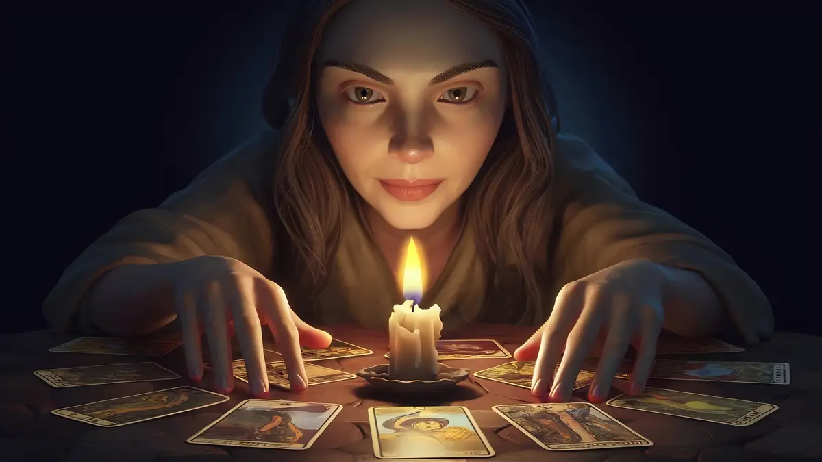 Woman fortune teller guesses fate night table