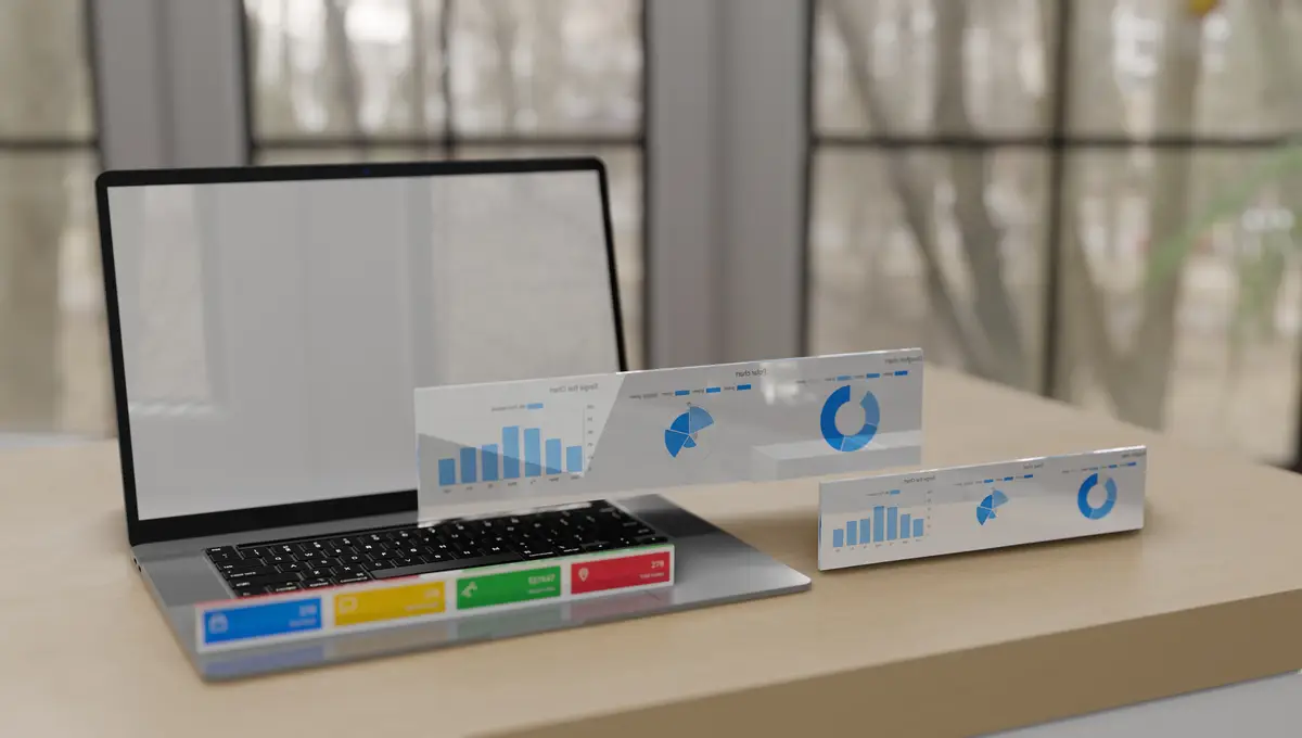 laptop with screen illustration of application or software exit as business graph analysis data