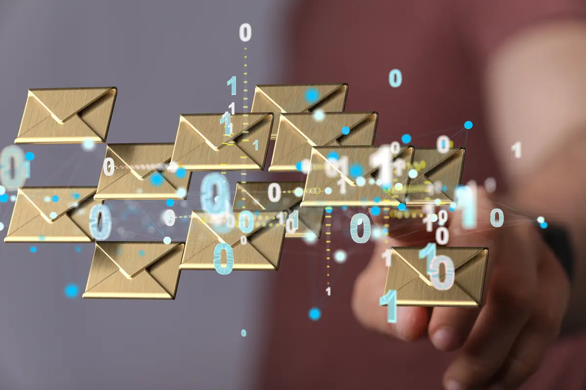 3D rendering of a man pointing at floating email icons Concept of business communication