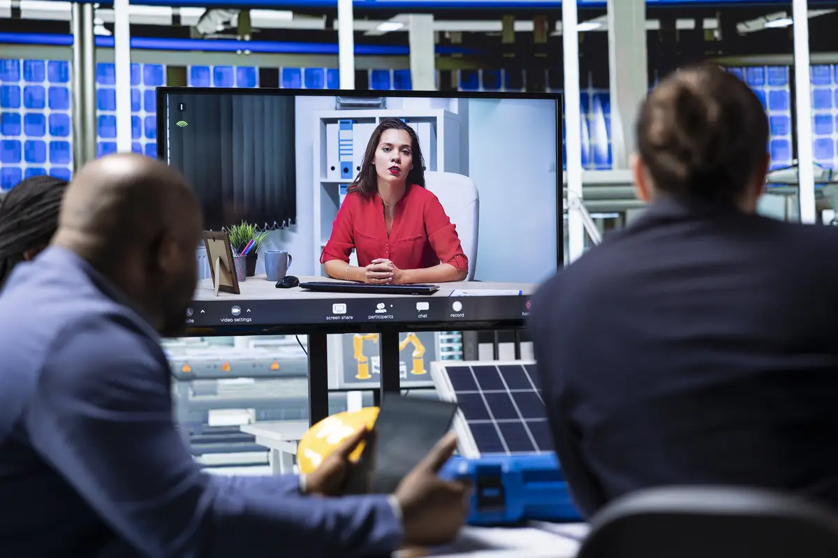Factory managers presenting products to investors during teleconference