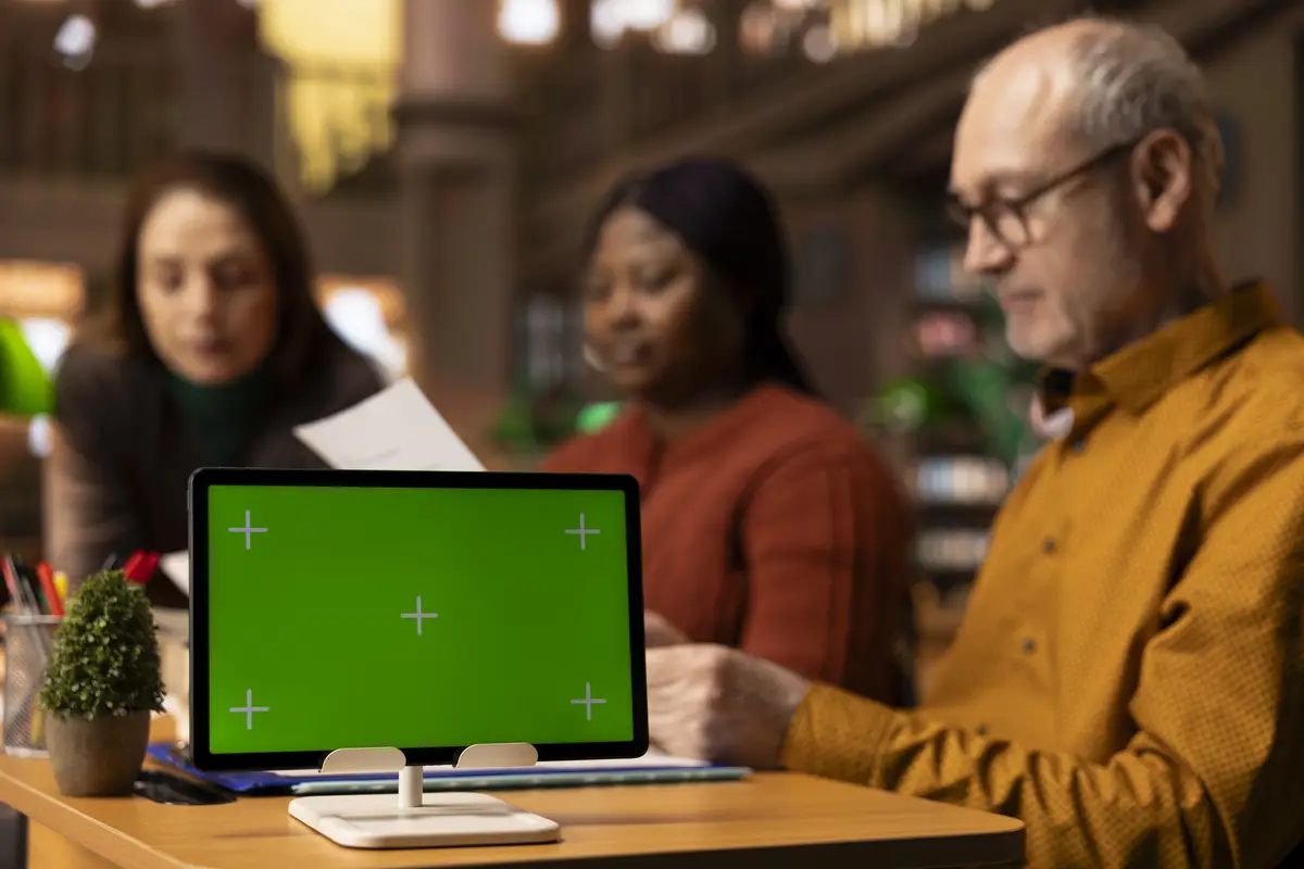 Team of calm and composed mature people studying next to copy space