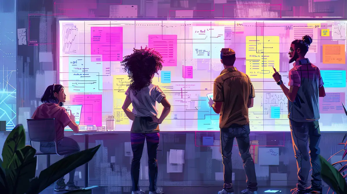 Illustration of diverse information architects at a white board ar 169 stylize 250 Job ID a9d64a41bd