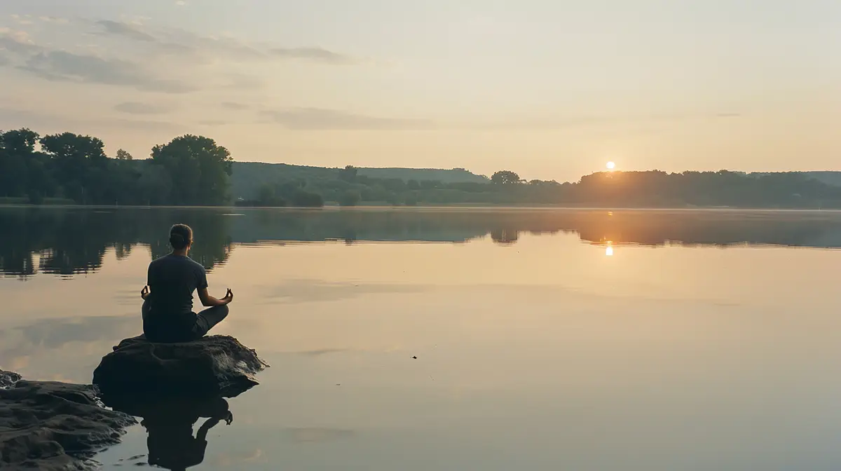 a boy fishing on a lake at sunset