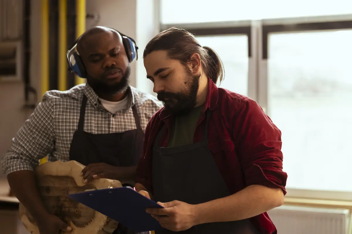 Cabinetmaker and apprentice inspecting lumber block for damages