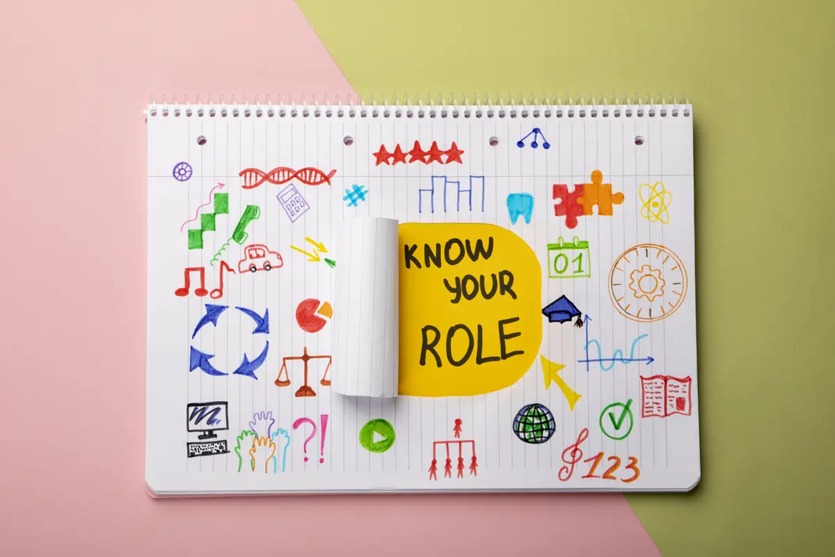 Flat lay notebook business roles concept