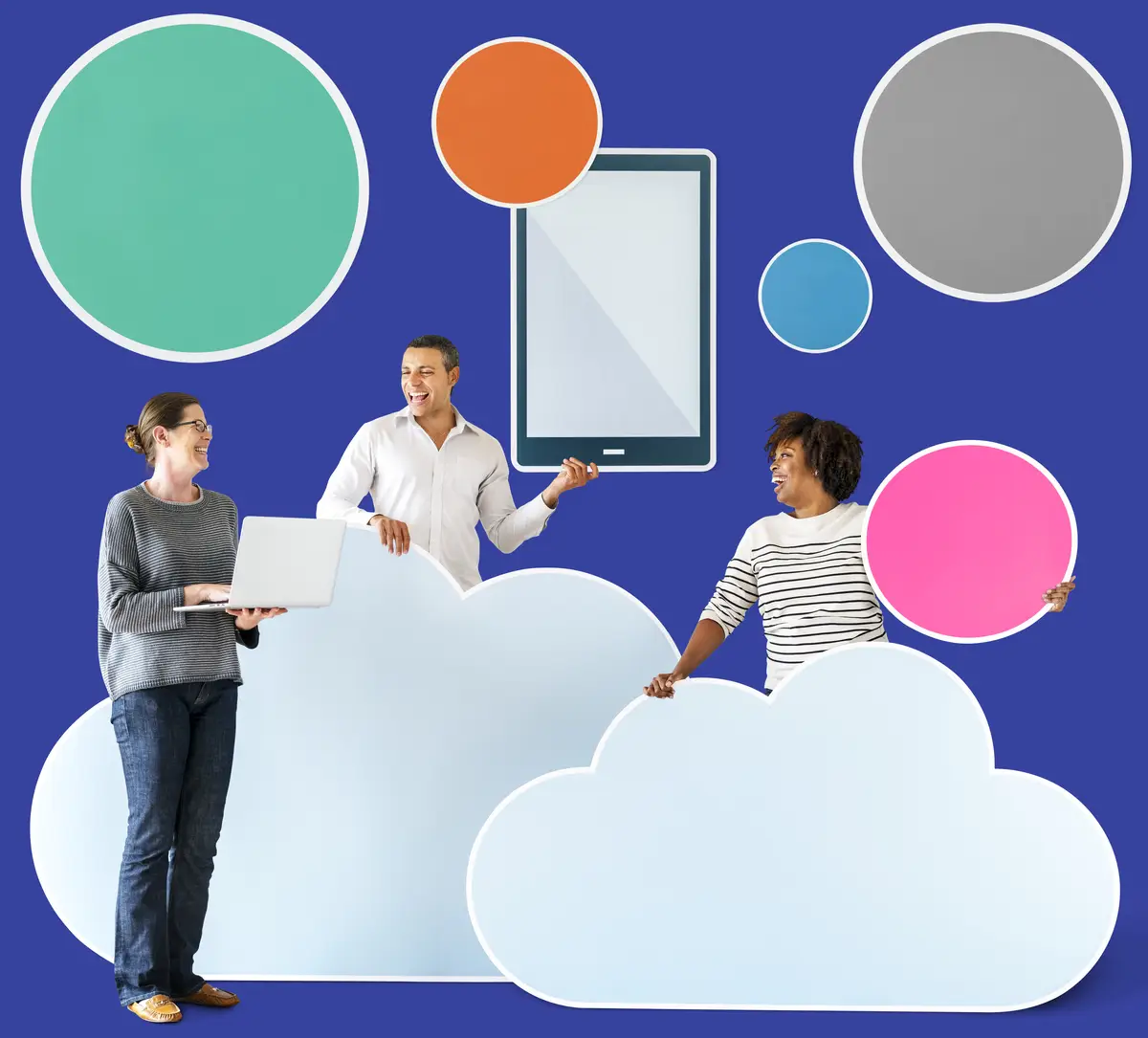 Happy people with cloud and technology icons