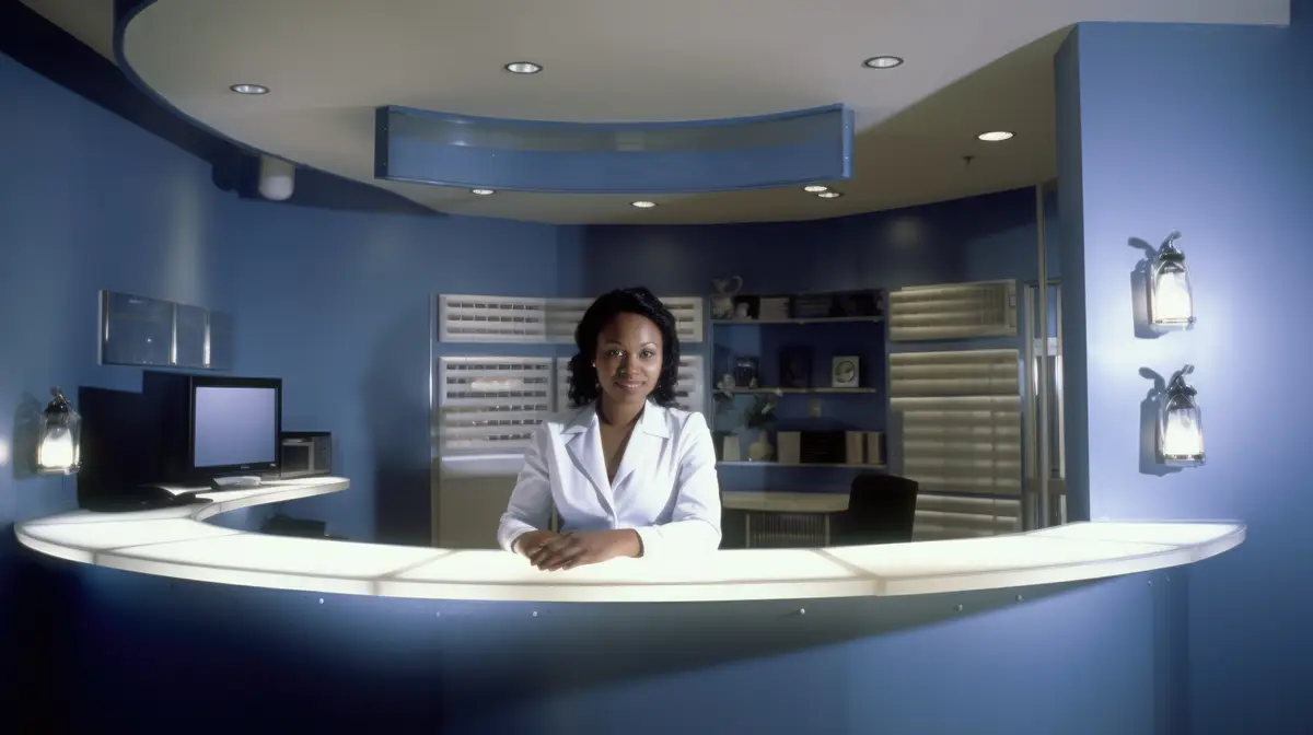 Receptionist Female AfricanAmerican Young Adult Answering phone and greeting visitors at front desk in Office lobby Generative AI AIG22