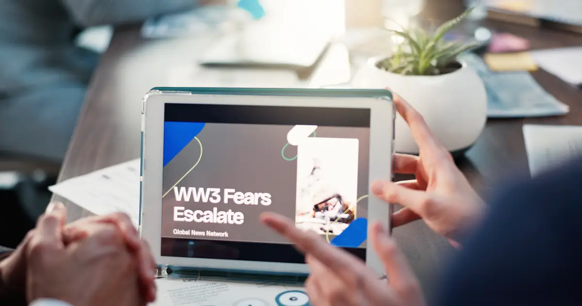 Hands tablet and screen at meeting discussion and financial strategy for war global tension and trading People tech and ux for analysis point and review with international conflict at office