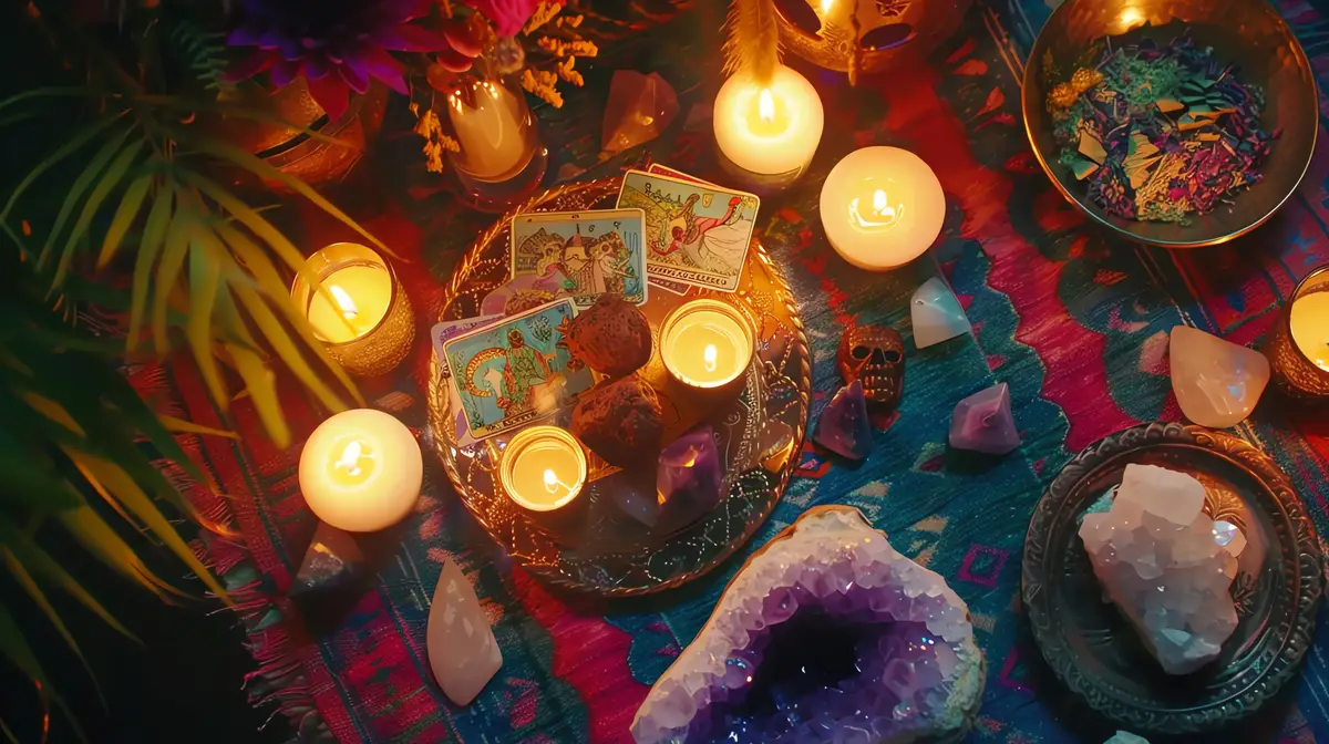 A mystical setting with tarot cards candles and crystals
