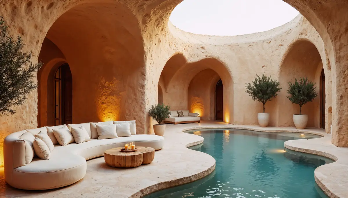 Luxury resort with a pool and arched architecture
