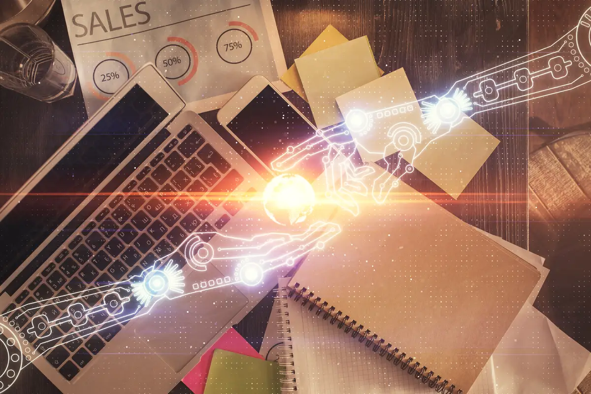 Multi exposure of data theme drawing hologram over topview work desk background with computer Concept of technology