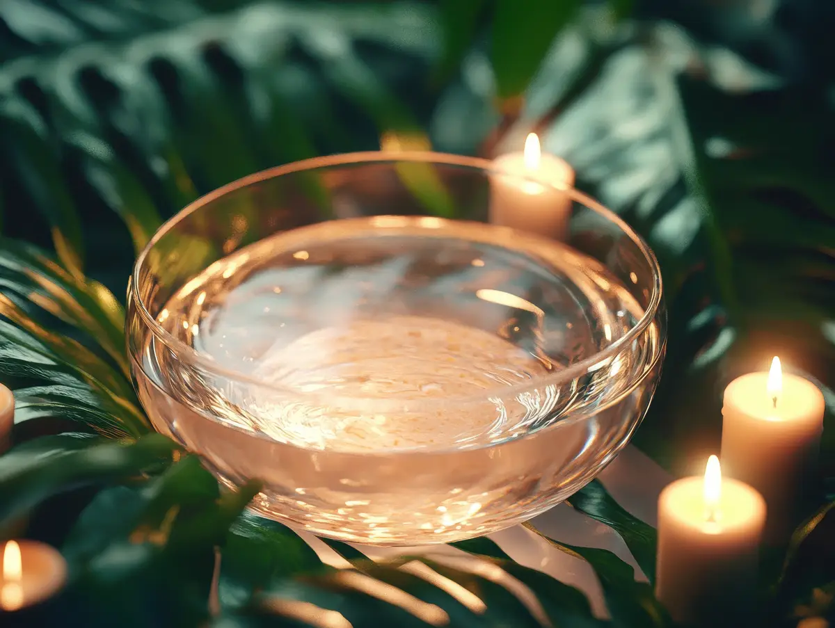 Glass Bowl of Water Surrounded by Candles and Greenery