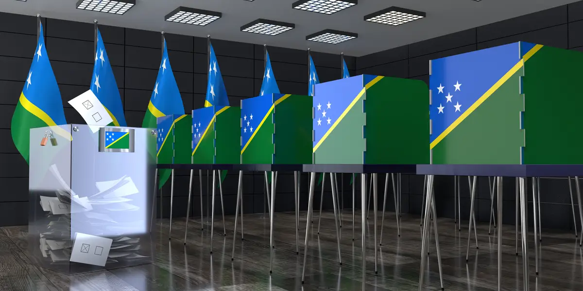 Solomon Islands polling station with voting booths and ballot box election concept 3D illustration