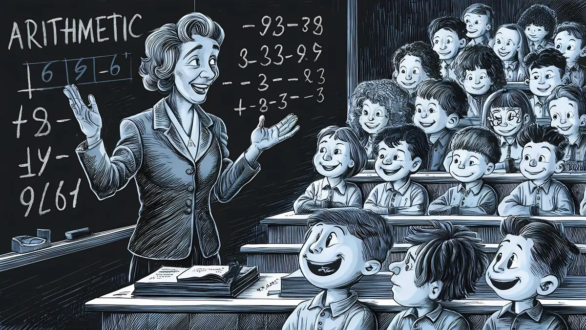 Teacher explaining arithmetic on the blackboard