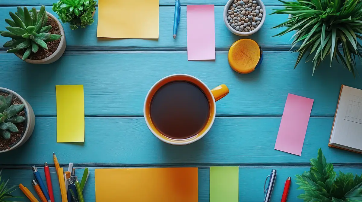 Flat lay of a blue table with coffee cup plants and stationary