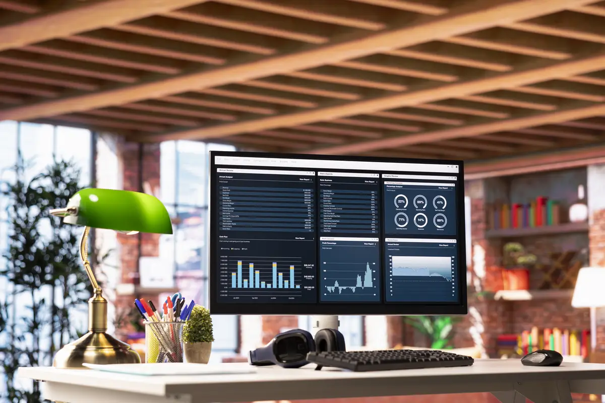 Financial program user interface on PC screen on home office desk