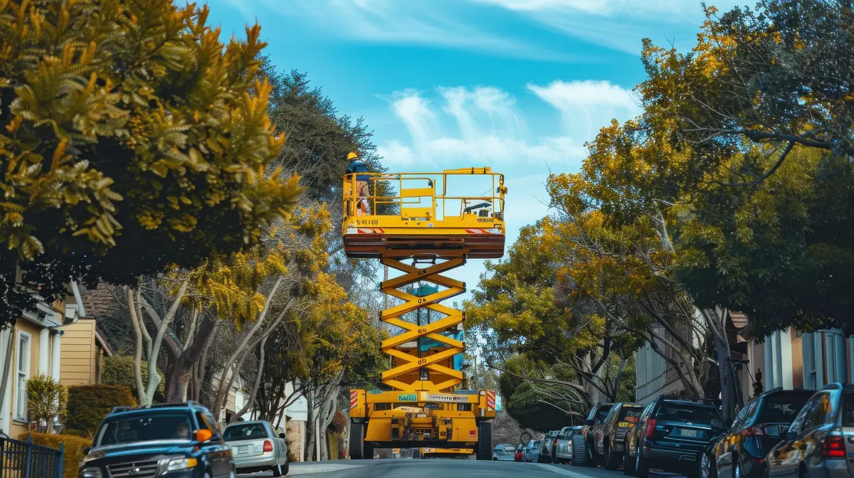 A construction worker with a yellow selfpropelled articulated boom lift
