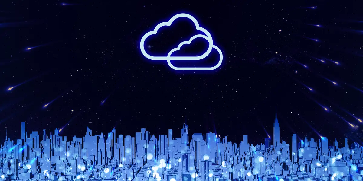 Storing data in the cloud Big city filled with tall buildings Internet storage