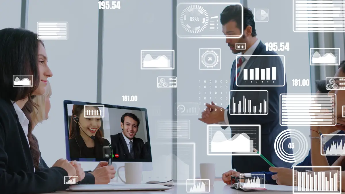 Creative visual of business people in a corporate staff meeting on video call