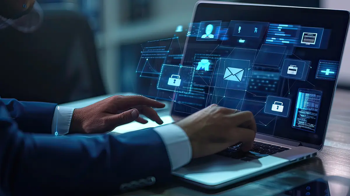a man is typing on a laptop with a screen showing the icons of the mail
