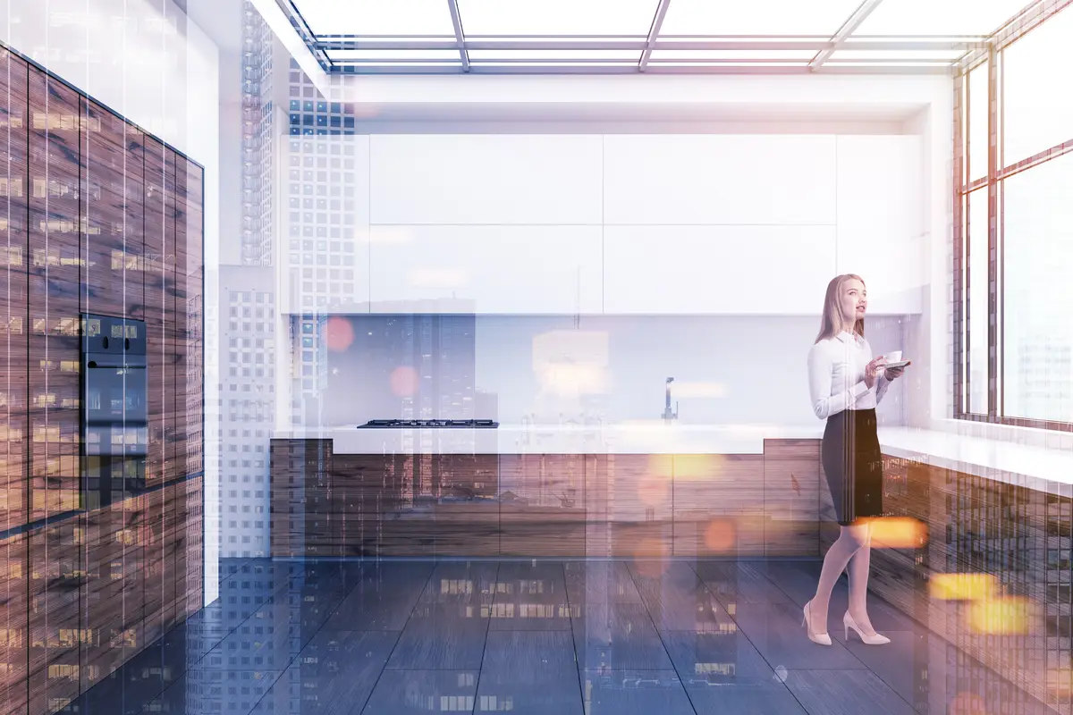 White kitchen interior with white and wooden countertops, a wooden wall with a built in oven and a window in the roof. A woman. 3d rendering mock up toned image double exposure