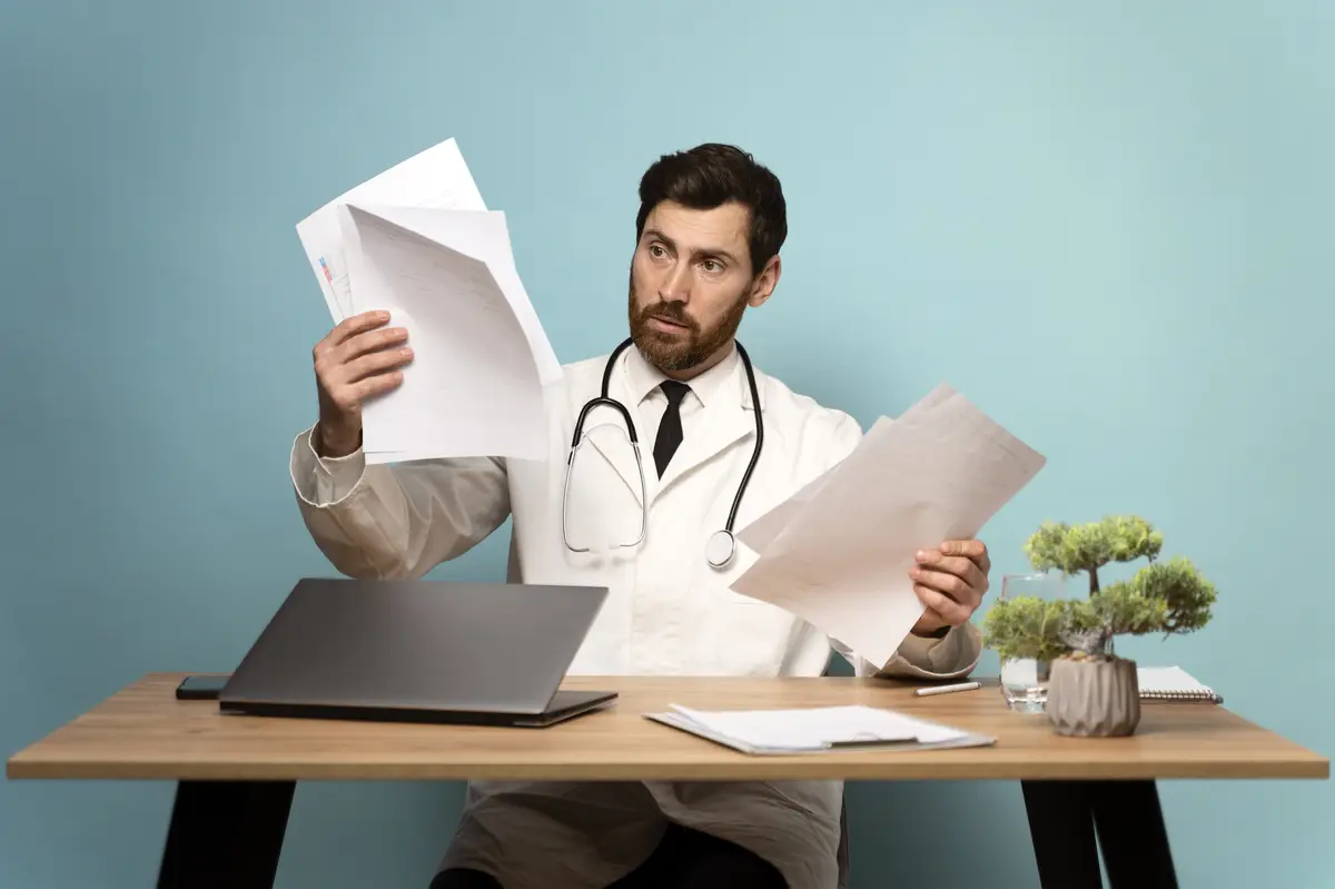 Serious doctor looking at his documents while sitting at his workplace on blue background
